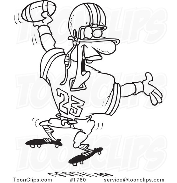 Cartoon Black and White Line Drawing of a Black Football Player Scoring a Touchdown