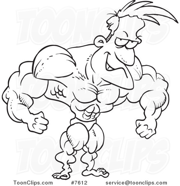 Cartoon Black and White Line Drawing of a Bodybuilder Flexing