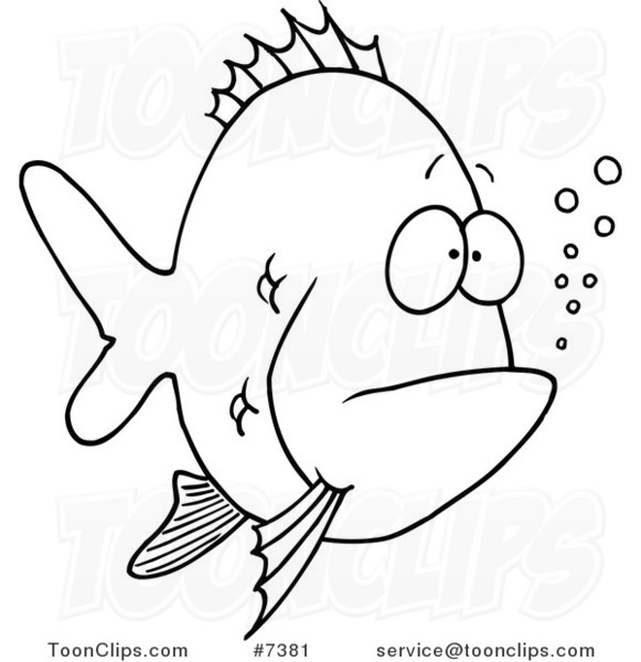 Cartoon Black and White Line Drawing of a Bored Fish