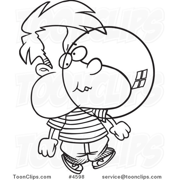 Cartoon Black And White Line Drawing Of A Boy Blowing Bubble Gum
