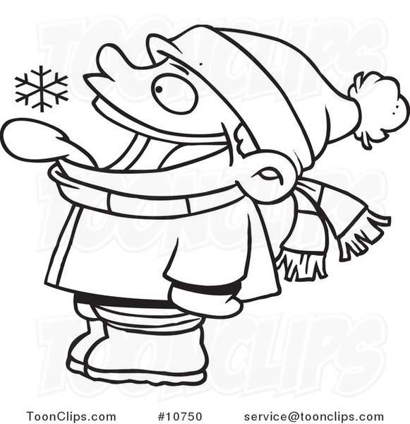 Cartoon Black and White Line Drawing of a Boy Catching Snowflakes with His Tongue