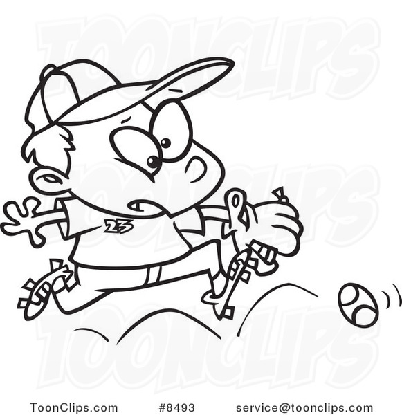 Cartoon Black and White Line Drawing of a Boy Chasing a Baseball