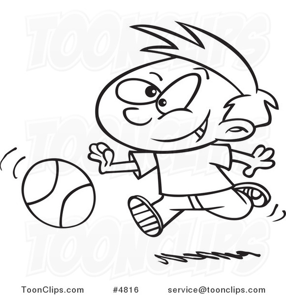 Cartoon Black and White Line Drawing of a Boy Dribbling a Basketball