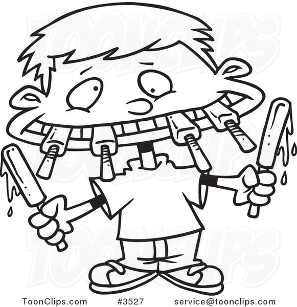 Cartoon Black and White Line Drawing of a Boy Eating a Variety of Popsicles