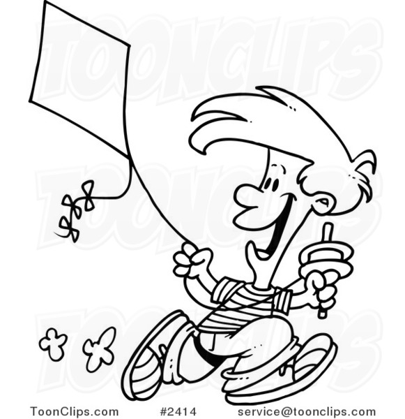 Cartoon Black and White Line Drawing of a Boy Flying a Kite - 3 #2414 by  Ron Leishman