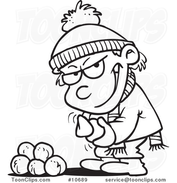 Cartoon Black and White Line Drawing of a Boy Gathering Snowballs for a Fight