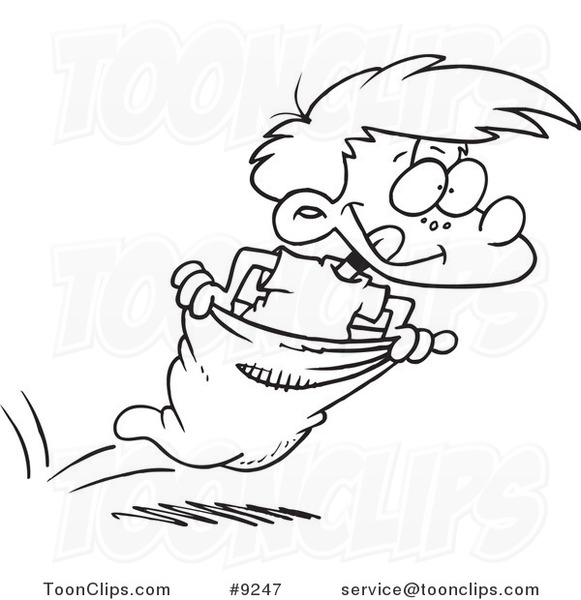 Cartoon Black and White Line Drawing of a Boy Hopping in a Sack Race