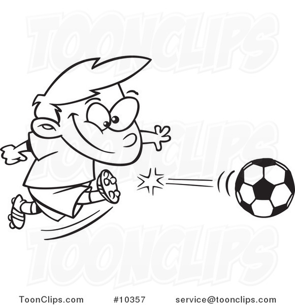 Cartoon Black and White Line Drawing of a Boy Kicking a Soccer Ball #10357  by Ron Leishman