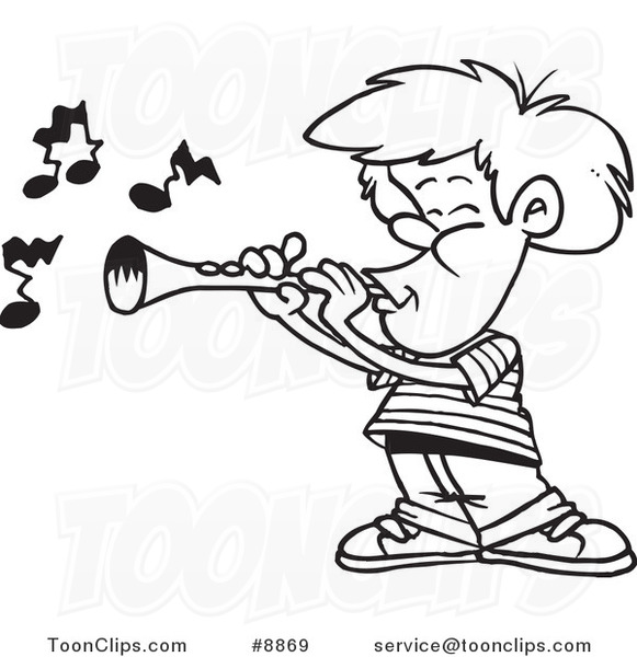 Cartoon Black and White Line Drawing of a Boy Playing a Clarinet #8869
