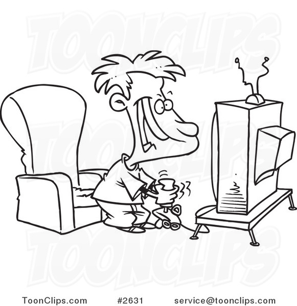 Cartoon Black and White Line Drawing of a Boy Playing a Video Game with a  Joystick #2631 by Ron Leishman