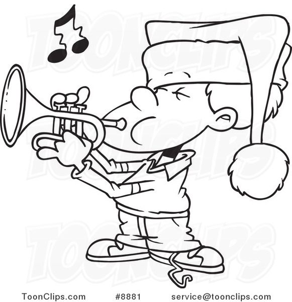 Cartoon Black and White Line Drawing of a Boy Playing Christmas Music on a Trumpet