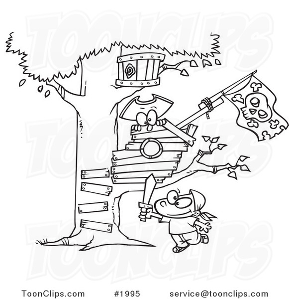 Cartoon Black and White Line Drawing of a Boy Playing near His Pirate Tree House