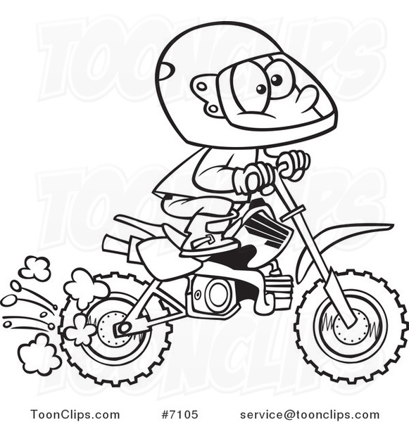 Cartoon Black and White Line Drawing of a Boy Riding a Dirt Bike #7105