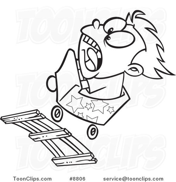 Cartoon Black and White Line Drawing of a Boy Screaming on a