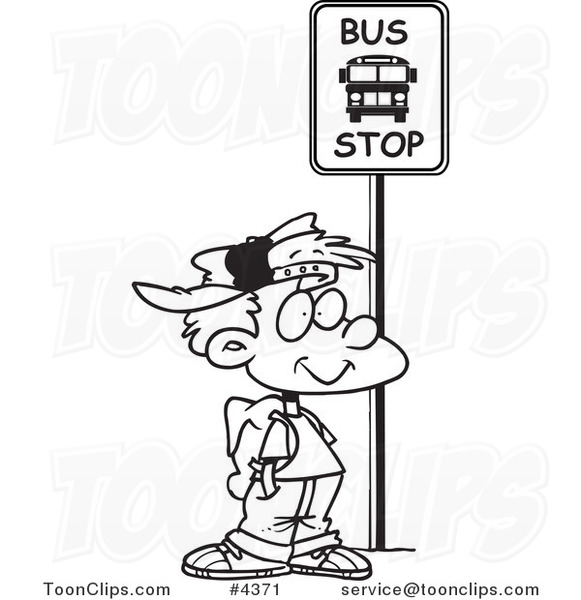 Cartoon Black and White Line Drawing of a Boy Waiting at a School Bus Stop  #4371 by Ron Leishman