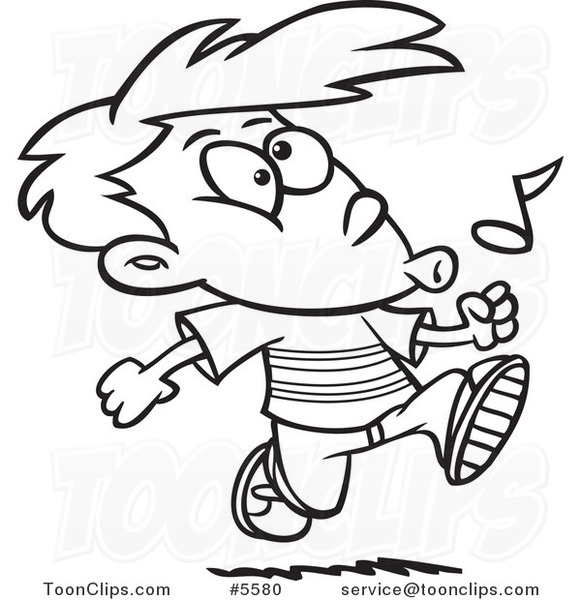 Cartoon Black and White Line Drawing of a Boy Walking and Whistling #5580  by Ron Leishman
