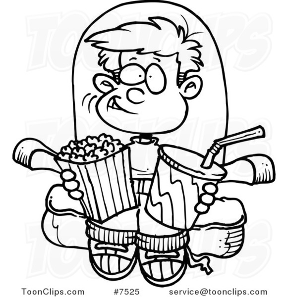 Cartoon Black and White Line Drawing of a Boy with Movie Snacks