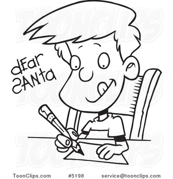 Cartoon Black and White Line Drawing of a Boy Writing a Dear Santa Letter