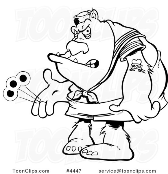 Cartoon Black and White Line Drawing of a Bratty Bear Plaing with a Yo Yo