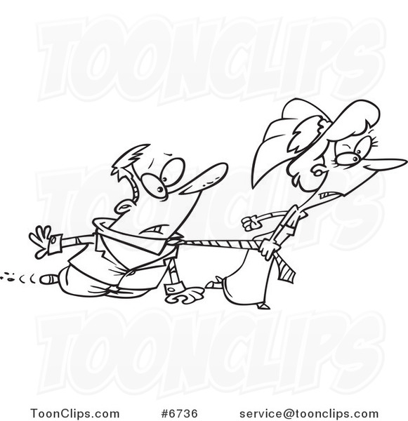 Cartoon Black and White Line Drawing of a Bride Dragging Her Groom