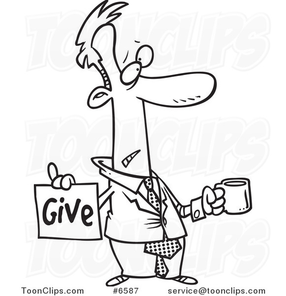 Cartoon Black and White Line Drawing of a Broke Business Man Holding a ...