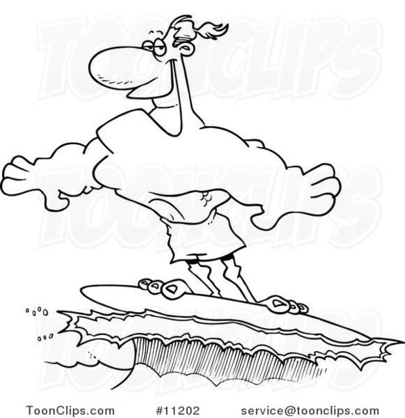Cartoon Black and White Line Drawing of a Buff Surfer Riding a Wave
