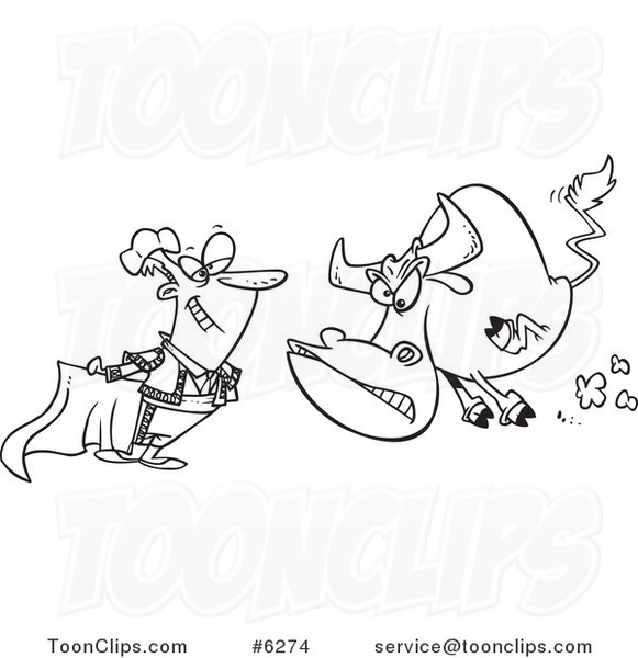 Cartoon Black and White Line Drawing of a Bull Charging a Matador #6274 by  Ron Leishman