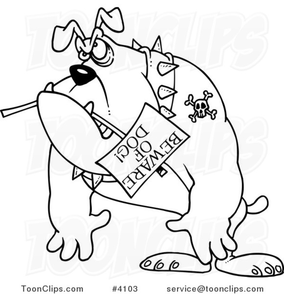 Cartoon Black and White Line Drawing of a Bulldog Carrying a Beware of Dog Sign