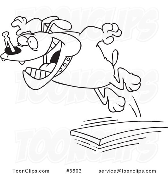 Cartoon Black and White Line Drawing of a Bulldog Jumping off of a Diving Board