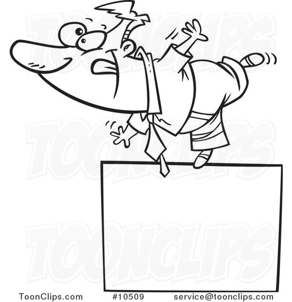 Cartoon Black and White Line Drawing of a Business Man Balanced on a Blank Sign