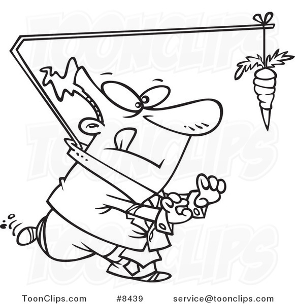 Cartoon Black and White Line Drawing of a Business Man Chasing a Carrot Lead