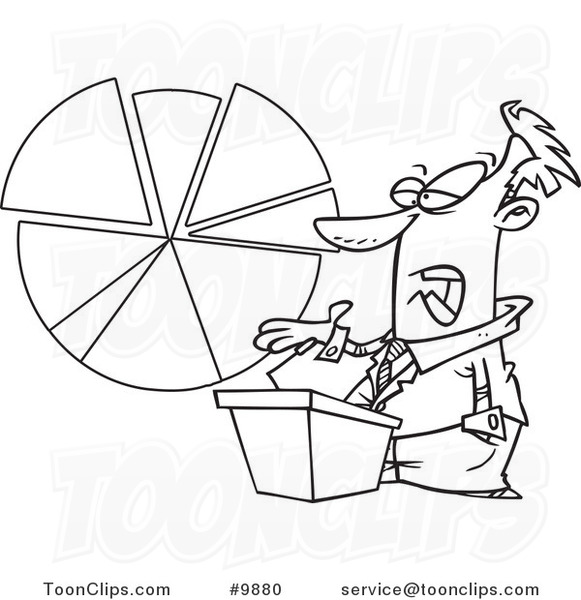 Cartoon Black and White Line Drawing of a Business Man Discussing a Pie Chart