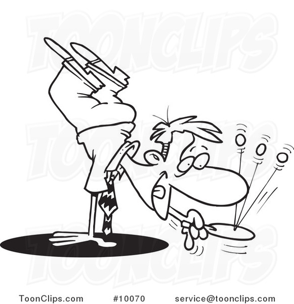 Cartoon Black and White Line Drawing of a Business Man Doing a Handstand and Playing Paddle Ball