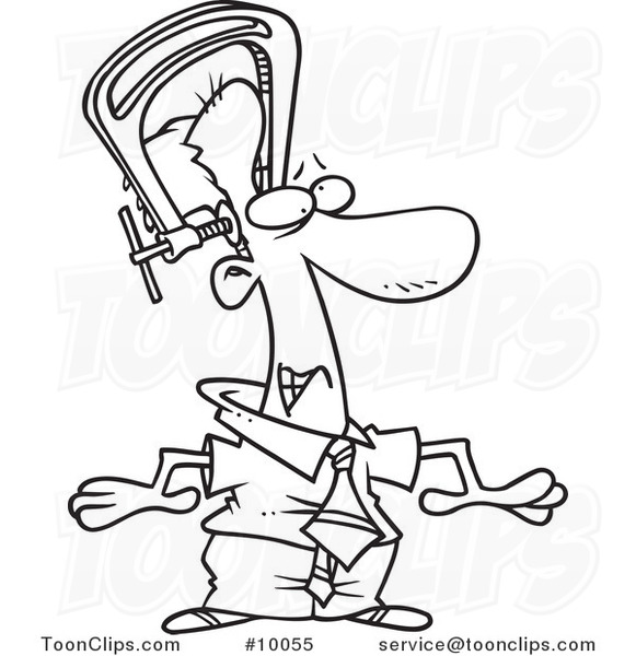 Cartoon Black and White Line Drawing of a Business Man Feeling Pressure on His Head