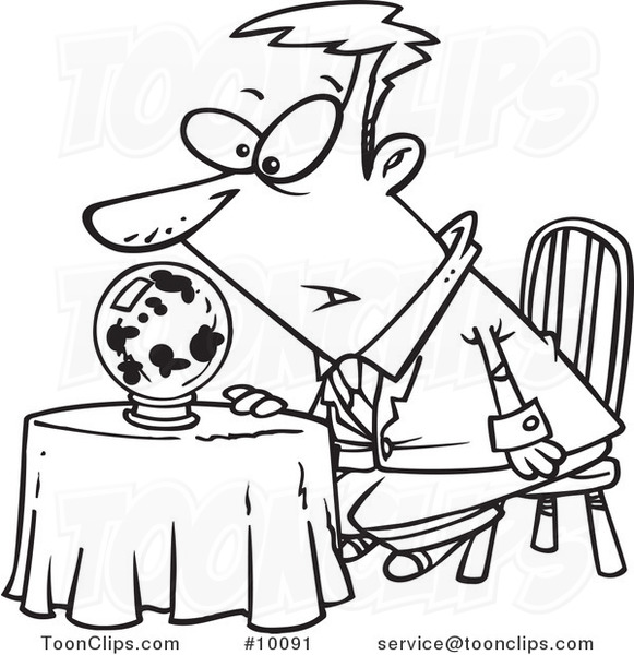 Cartoon Black and White Line Drawing of a Business Man Gazing into a Dark Crystal Ball