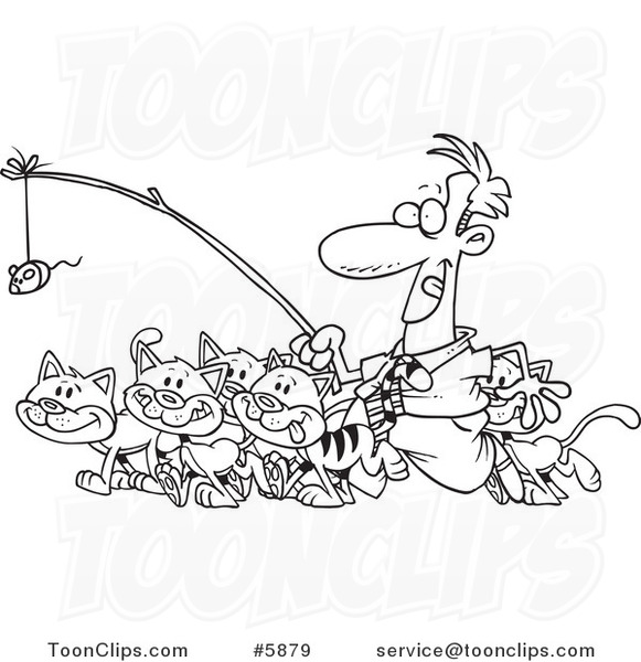 Cartoon Black and White Line Drawing of a Business Man Herding Cats