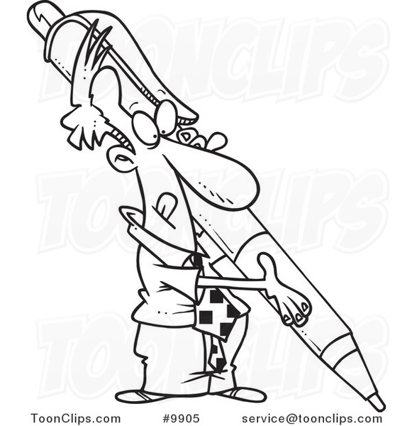 Cartoon Black and White Line Drawing of a Business Man Holding a Huge Pen