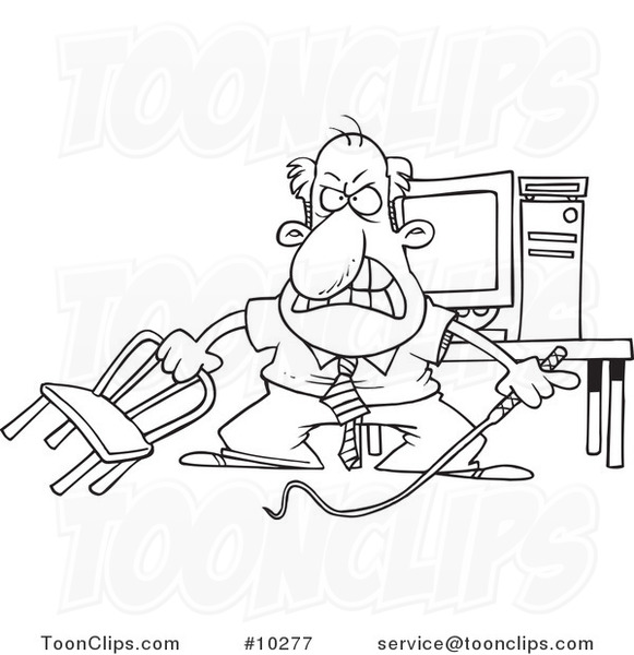 Cartoon Black and White Line Drawing of a Business Man Holding a Whip in Front of His Computer