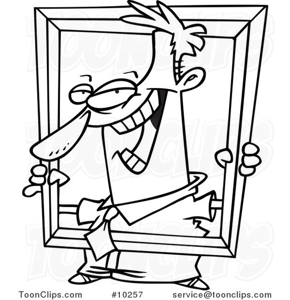 Cartoon Black and White Line Drawing of a Business Man Holding up a Frame