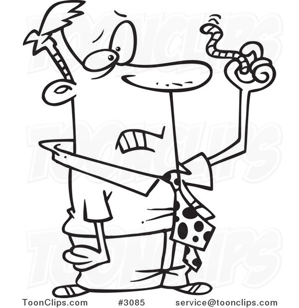 Cartoon Black and White Line Drawing of a Business Man Holding up a Worm  #3085 by Ron Leishman