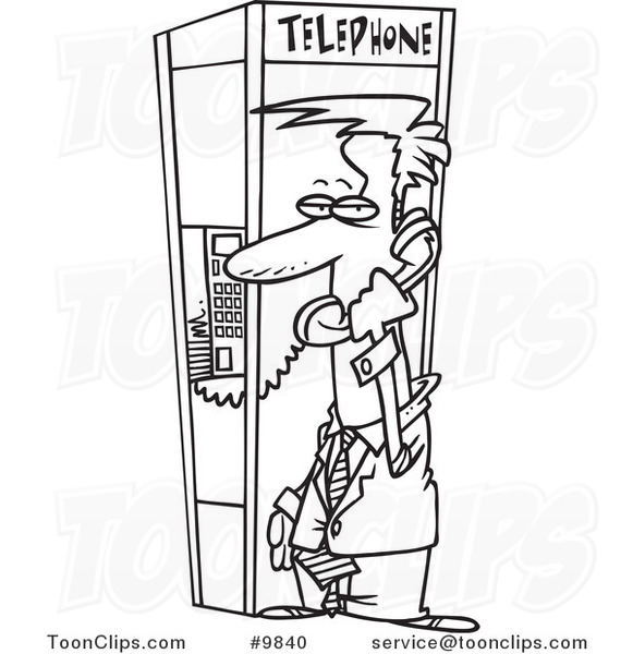 Cartoon Black and White Line Drawing of a Business Man in a Phone Booth  #9840 by Ron Leishman