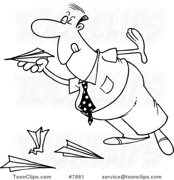 Cartoon Black and White Line Drawing of a Business Man Playing with Paper Planes