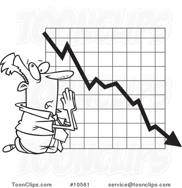 Cartoon Black and White Line Drawing of a Business Man Praying by a Failing Chart