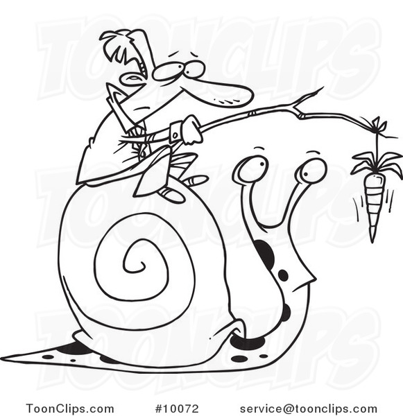 Cartoon Black and White Line Drawing of a Business Man Progressing a Snail with a Carrot