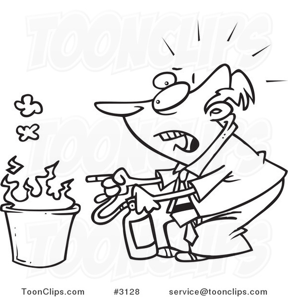 Cartoon Black and White Line Drawing of a Business Man Putting out a Fire  #3128 by Ron Leishman