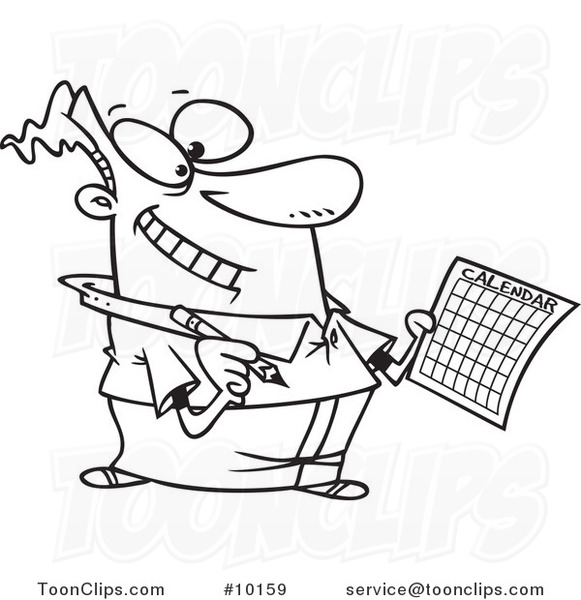 Cartoon Black and White Line Drawing of a Business Man Scheduling