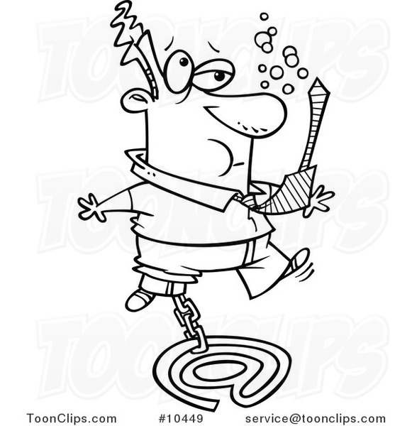 Cartoon Black and White Line Drawing of a Business Man Sinking with Email