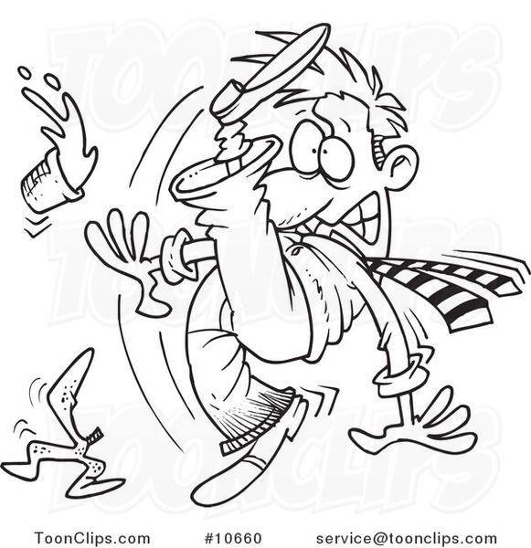 Cartoon Black and White Line Drawing of a Business Man Slipping