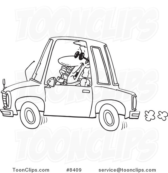 Cartoon Black and White Line Drawing of a Business Man Talking on a Phone and Driving