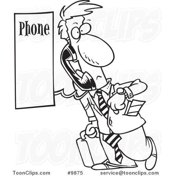 Cartoon Black and White Line Drawing of a Business Man Using a Pay Phone